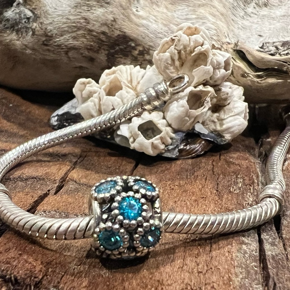 Authentic Pandora Charm Studded Lights Bead  Teal Zirconia Sterling Studded Cz
